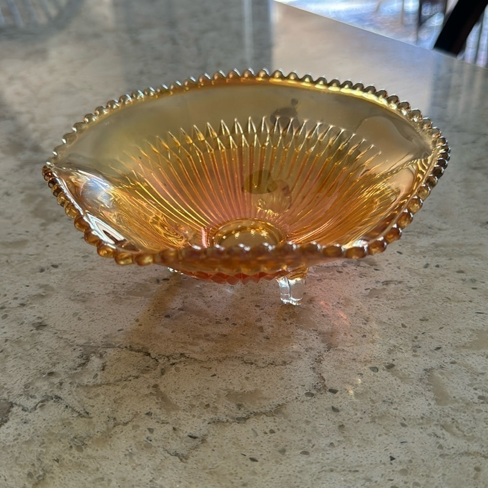 VINTAGE~JEANETTE~CARNIVAL GLASS~3 FOOTED DISH~ORANGE IRIDESCENT~HEXAGON~NICE~G12
